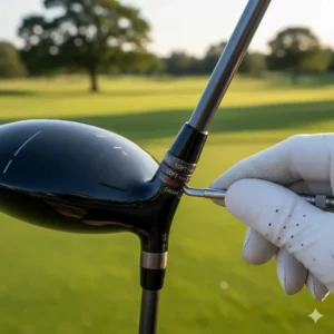 Close-up of an adjustable hosel on a driver set to the 'draw' position to minimize a slice.