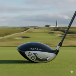 Illustration of a draw-bias driver head design to help UK golfers correct a slice.