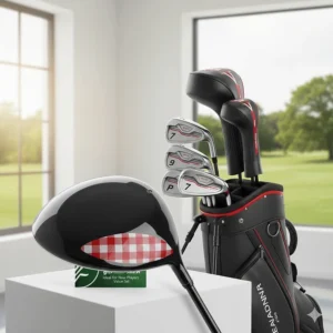A beginner-friendly cheap golf club set featuring cavity-back irons and a large driver for high forgiveness.