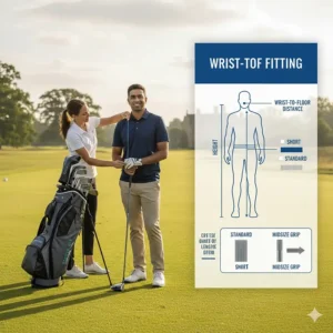 A diagram illustrating how to measure the correct length of golf clubs for beginners based on height and arm length.