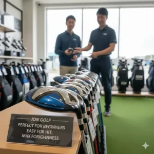 A selection of entry-level golf drivers suitable for new players at a UK pro shop.