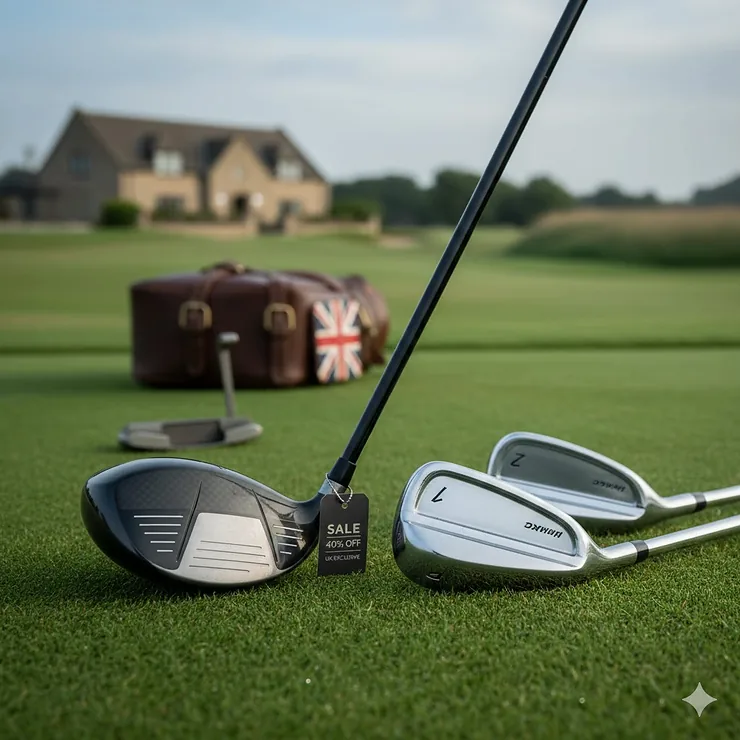 A premium set of golf clubs including a driver and irons resting on a golf bag at a British parkland course. deals on golf clubs