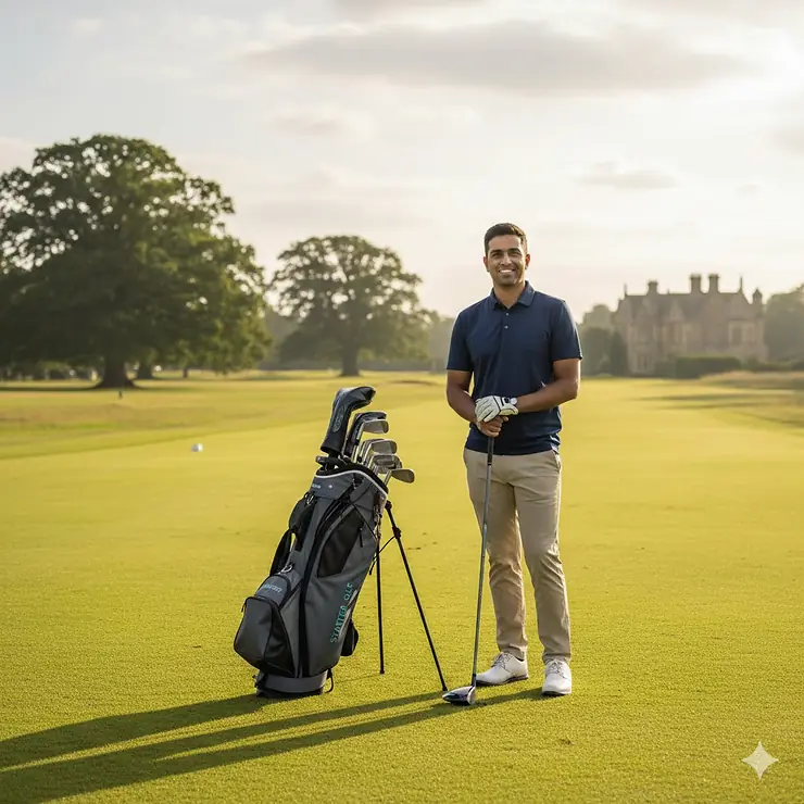 A beginner golfer standing on a lush green British golf course fairway, holding a driver from a complete starter set of golf clubs for beginners.