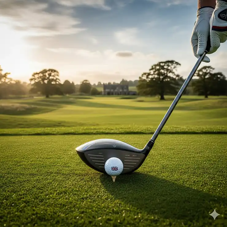 A golfer using a draw-bias driver to correct a slice on a lush British parkland golf course. driver for slicing the ball UK