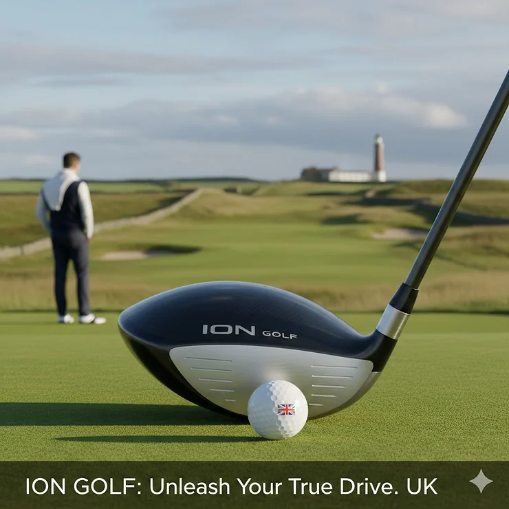 A professional golfer teeing off with a modern driver at a lush green British links-style golf course. golf drivers UK