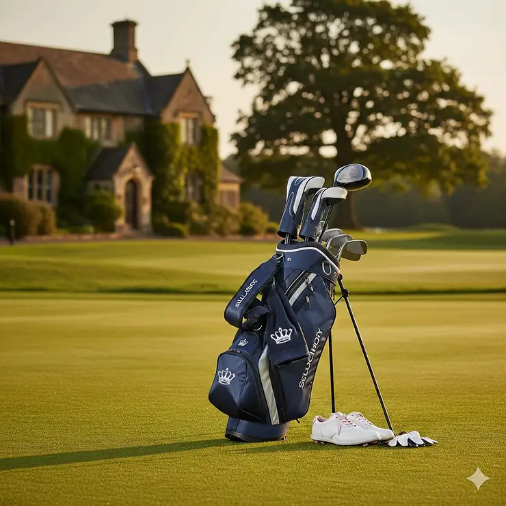 A complete set of ladies golf clubs in a premium navy stand bag on a lush green British golf course. ladies golf club sets