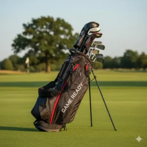 A durable, lightweight golf stand bag with double straps, part of an all-in-one cheap club set for walkers.