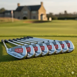 A full set of cavity-back golf irons arranged neatly, highlighting savings for UK golfers looking to upgrade their kit.