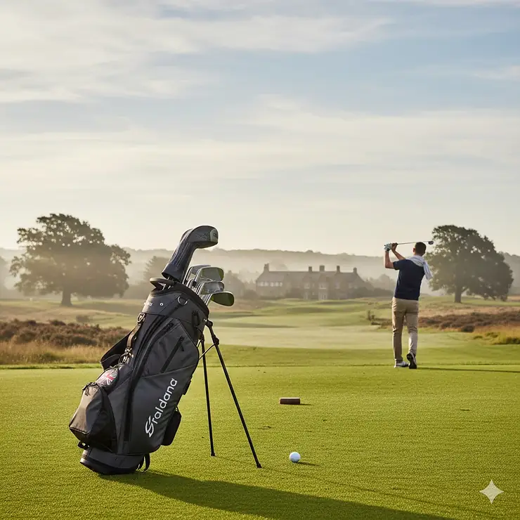 A full set of affordable golf clubs in a stand bag on a British golf course green during a misty morning. cheap golf club sets