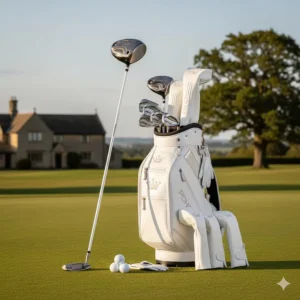 A full 11-piece ladies golf club set including driver, woods, irons, and putter with matching headcovers.