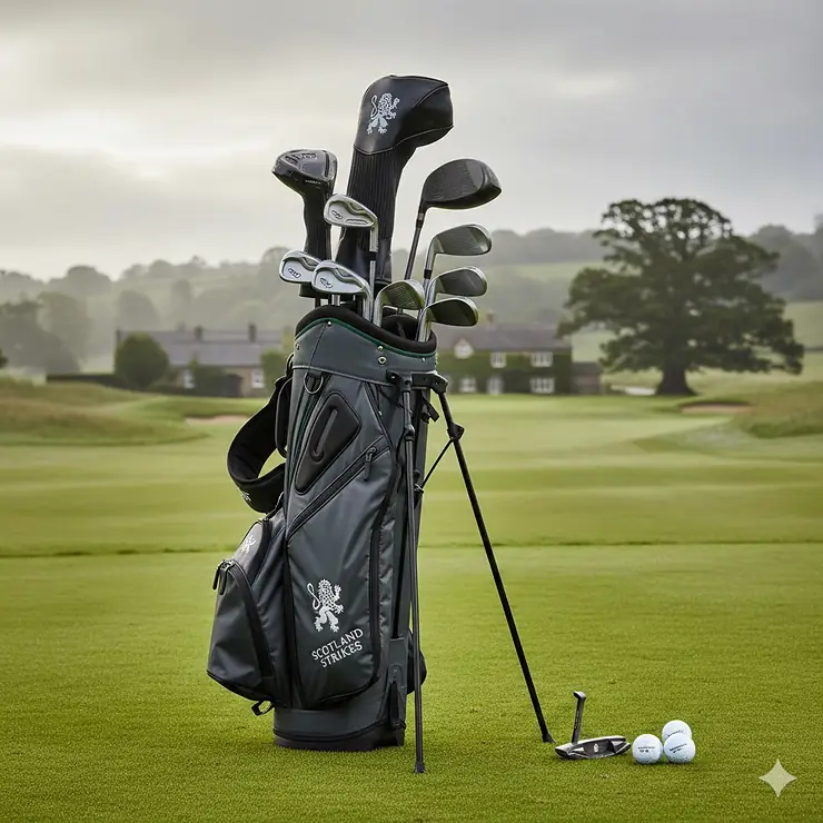 A premium 14-piece men's golf club set in a stylish stand bag on a British golf course fairway. mens golf club sets