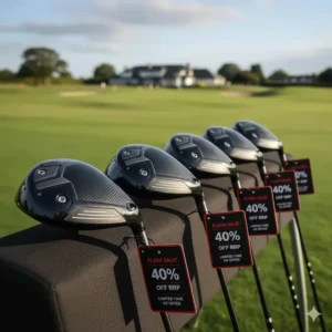 A close-up of high-performance golf drivers with price reduction tags, showcasing the latest carbon-face technology.