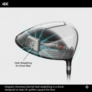 Diagram showing internal heel weighting in a driver designed to help UK golfers square the face.