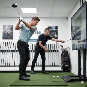 A golfer undergoing a custom driver fitting session at a UK pro shop to fix a recurring slice.