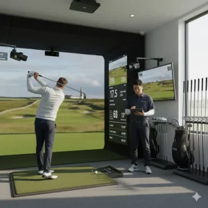 A golfer using a launch monitor during a custom driver fitting session at a UK golf academy.
