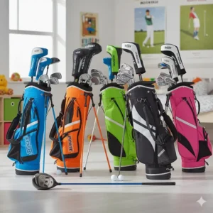Colourful and cheap golf club sets for juniors and children starting their first lessons at a UK academy.
