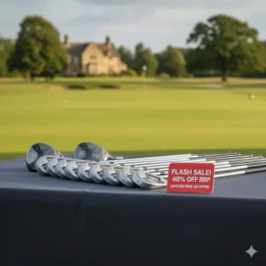 A variety of left-handed golf clubs on display, specifically highlighting clearance prices for southpaw golfers.