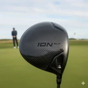 Top-down view of a matte carbon fibre crown on a modern driver designed for faster swing speeds.