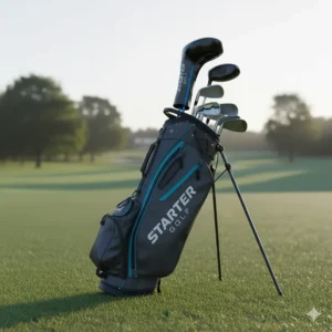 A lightweight, waterproof golf stand bag containing a starter set of clubs, perfect for walking UK courses.