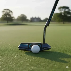 A stable mallet-style putter on a manicured green, offering better alignment and balance for beginner golfers.