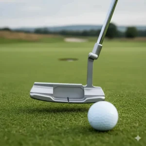 A high-MOI mallet style putter included in a men's golf club set on a manicured putting green.