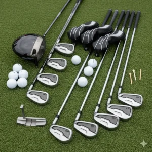 A full men's golf club package set including driver, woods, hybrids, irons, and putter neatly arranged.