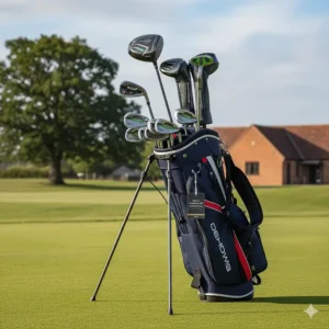 Men's affordable golf club set with graphite shafts and a mallet-style putter for improved stability.