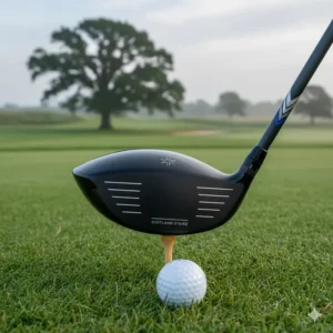 A modern 460cc titanium driver from a men's golf club set, positioned on a tee.