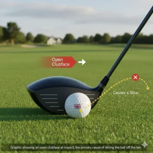 Graphic showing an open clubface at impact, the primary cause of slicing the ball off the tee.