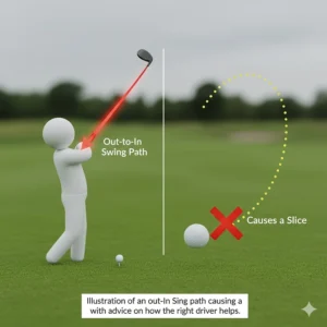 Illustration of an out-to-in swing path causing a slice, with advice on how the right driver helps.
