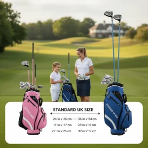 Comparison chart showing the length difference for petite ladies golf club sets versus standard UK sizes.