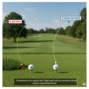 Comparison of a typical slice flight path versus a corrected straight drive using a specialized driver.