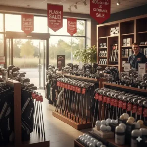 An interior view of a UK golf pro shop featuring sale signage on premium club displays and equipment.