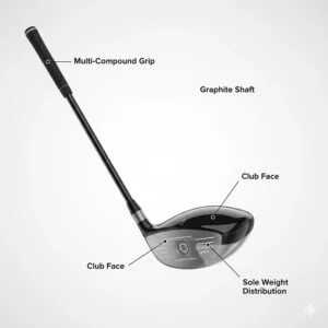 A detailed photographic breakdown showing the anatomy of a 3 wood club head, including the graphite shaft, face grooves, and sole weighting.
