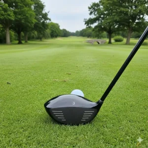 A point-of-view shot of a 3 wood positioned behind a golf ball on a lush fairway, looking toward a green on a classic British links course.
