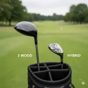 A visual comparison of a 3 wood and a hybrid club side-by-side, highlighting the differences in head size and sole width for UK fairway conditions.