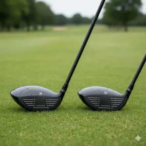 A side-by-side comparison illustrating the loft difference between a 3 wood and a 5 wood to help golfers choose the right club for their bag.