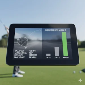 A graphic display of launch monitor data showing the optimal spin rates and peak height for a well-struck 7 wood.