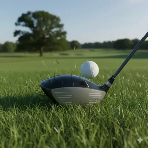 A 7 wood clubhead gliding through thick UK rough grass to demonstrate its superior turf interaction compared to a hybrid.