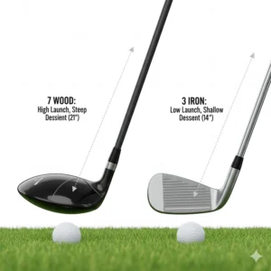 A technical diagram comparing the loft of a 7 wood against a 3 iron to illustrate why the wood is easier to launch.