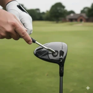 A close-up of a golfer using a torque wrench to adjust the hosel settings on a modern 3 wood to customise loft and lie.
