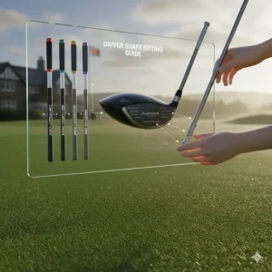 Comparison of different golf shafts being swapped into an adjustable driver head for a custom fit.