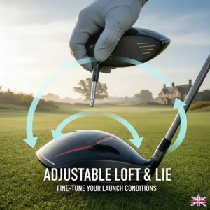 Close-up of an adjustable driver loft sleeve being tuned for optimal launch conditions on a UK fairway.