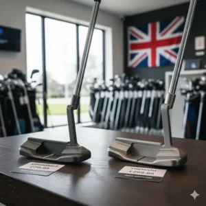 Side-by-side comparison of affordable and premium putters with UK pound sterling price tags in a pro shop.