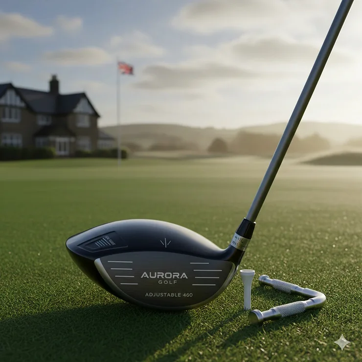 A premium adjustable driver resting on a golf tee at a lush green UK golf course, showcasing the sleek clubhead design and loft markings. adjustable driver