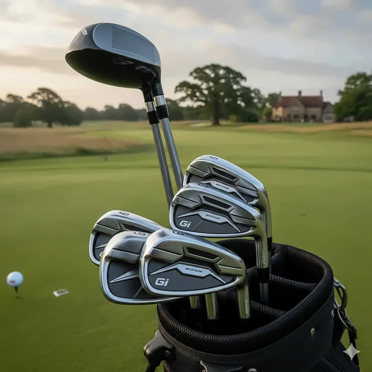 A professional set of modern game improvement irons arranged in a golf bag on a lush British parkland course during a morning round. game improvement irons