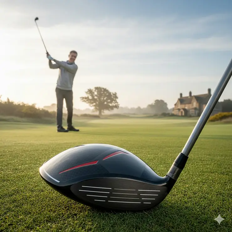 A high-handicap golfer teeing off at a lush British golf course with a large-profile forgiving driver. driver for high handicappers UK