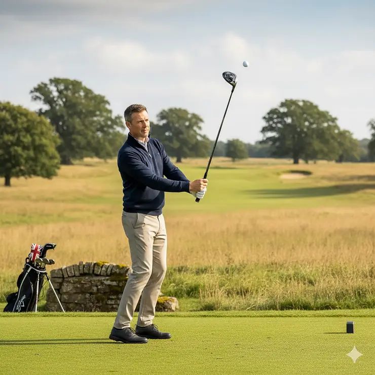 A golfer addressing a ball with a versatile hybrid club on a lush green UK golf course fairway. golf hybrids