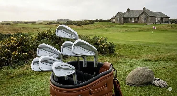 A professional set of forgiving golf irons in a leather bag on a traditional British links course with a stone clubhouse. irons for 20 handicap