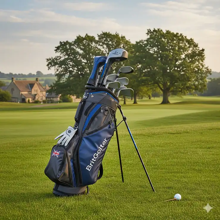 A set of modern game-improvement golf irons in a carry bag on a lush green British parkland course. irons for beginners